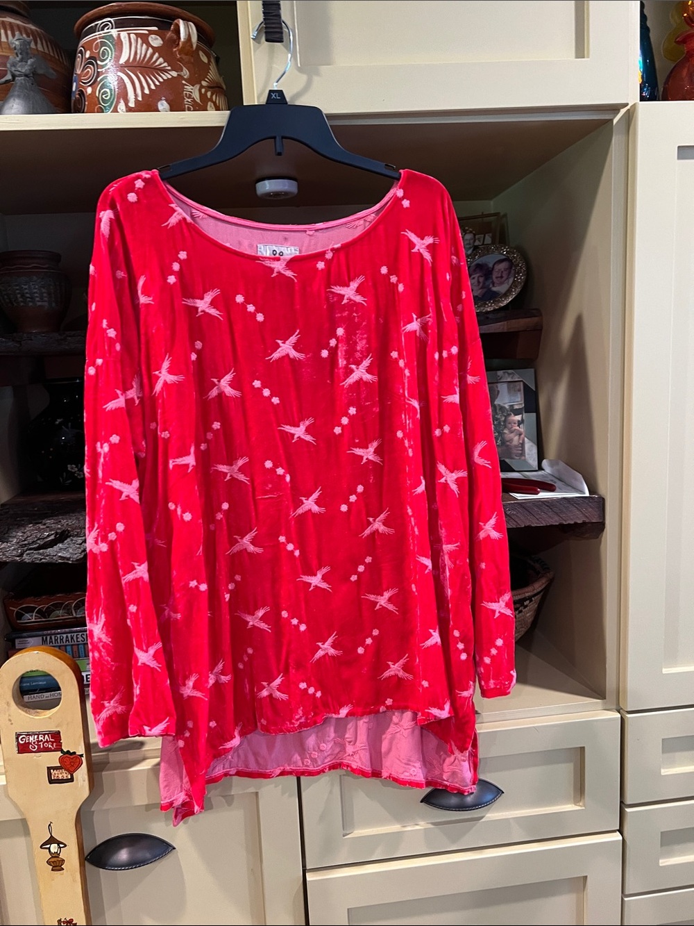Soft Scoop-Neck Red Tunic Top with Bird Print